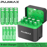 PUJIMAX Smart AA/AAA Lithium Battery Charger Charging 4 AA+4 AAA Rechargeable Li-ion Batteries With High Capacity Battery SET