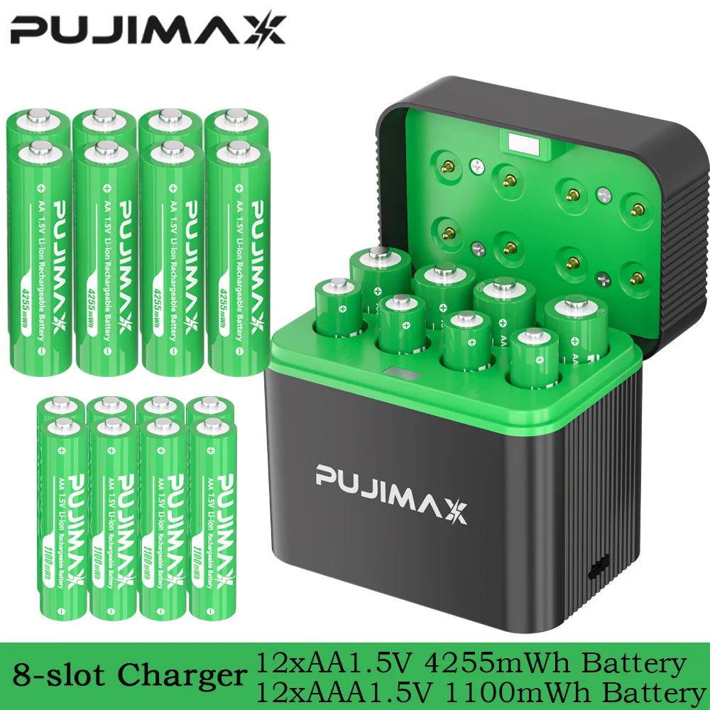 PUJIMAX Smart AA/AAA Lithium Battery Charger Charging 4 AA+4 AAA Rechargeable Li-ion Batteries With High Capacity Battery SET
