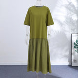 Loose Patchwork Women's Pleated Dresses Fashion Short Sleeve O-neck Long Robes 2026 Summer New Female Elegant Casual Dress