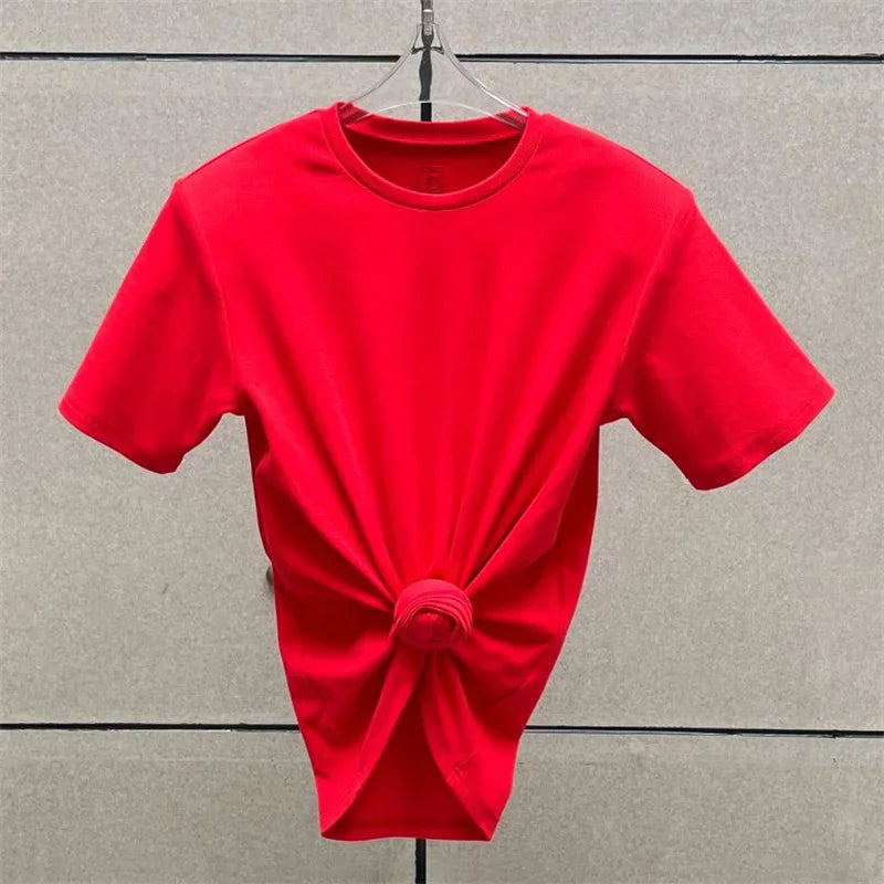 Women's t-shirt 2025 summer New elastic knitted short sleeved top 3D flower decorated round neck pullover pure cotton crop top
