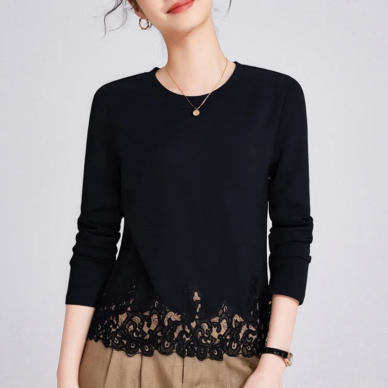Cotton Lace Trim White Long Sleeve Tshirt Women 2025 New Fall Blouse Casual Basic Tee Flattering Fit Boho Chic Plus Size