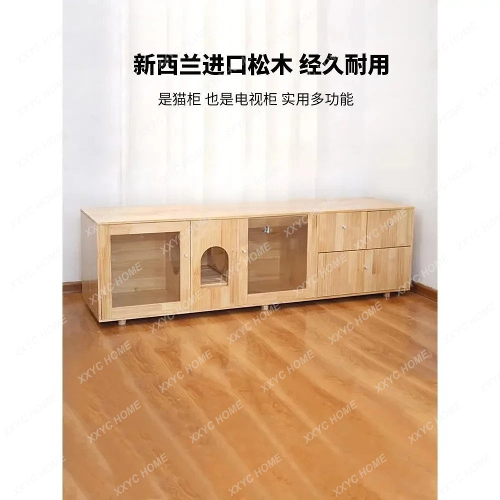 Cat Cage Super Large Free Space Solid Wood Indoor Home Warm Cat Cabinet TV Cabinet Cat Nest Toilet Integrated
