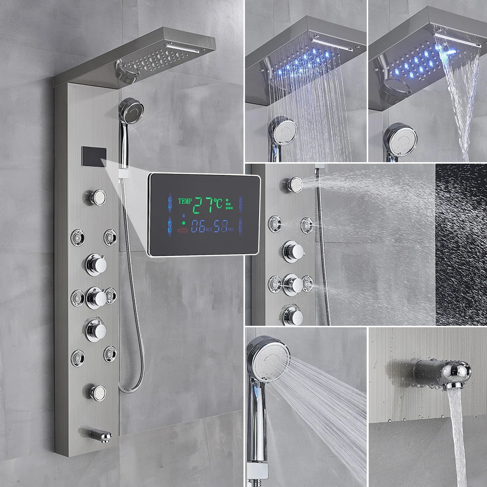 Golden Black Shower Panel Wall Rain Waterfall Shower Faucet Bathroom Shower Set APS Body Spray Jets Plastic Handshower Head