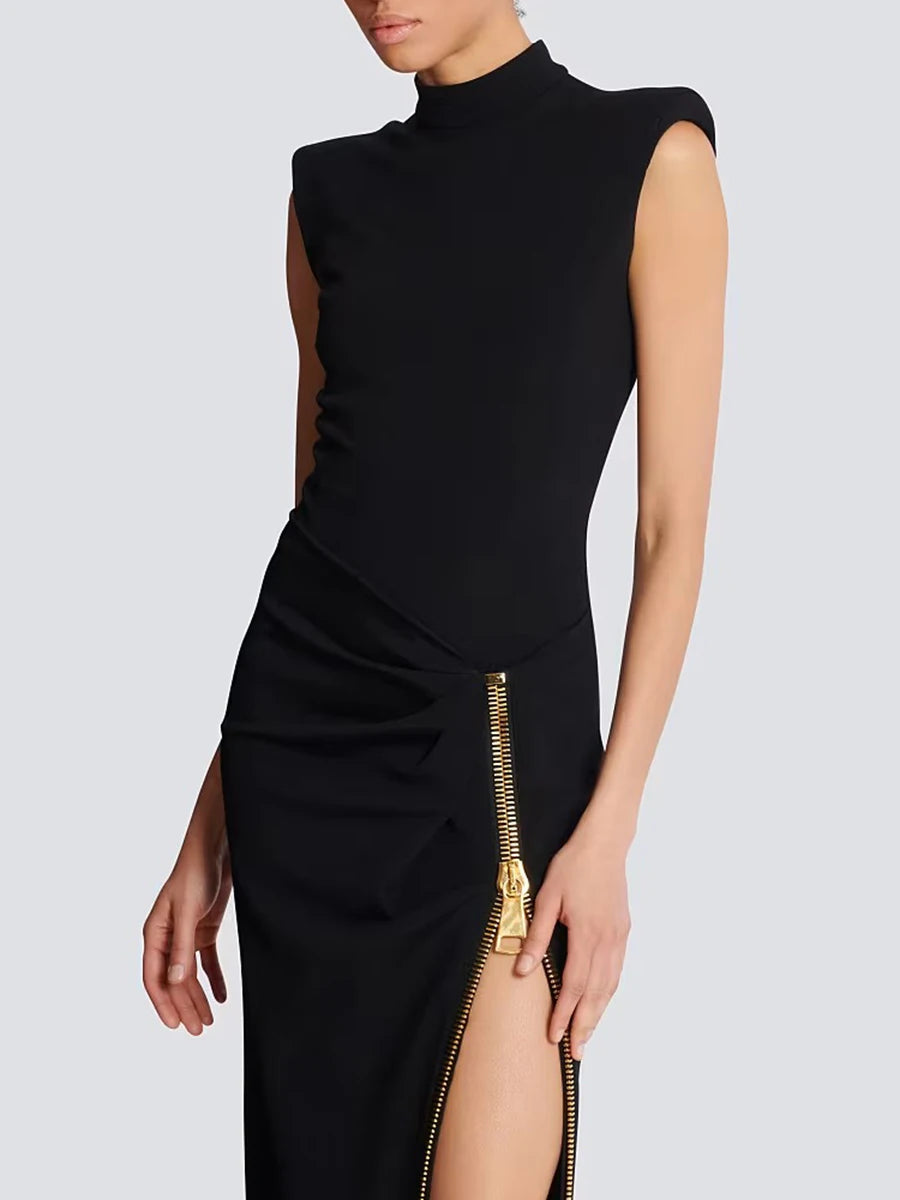TWOTWINSTYLE Solid Slimming Spliced Zipper Temperament Dresses for Women Stand Neck Sleeveless Patchwork Folds Dress Female New