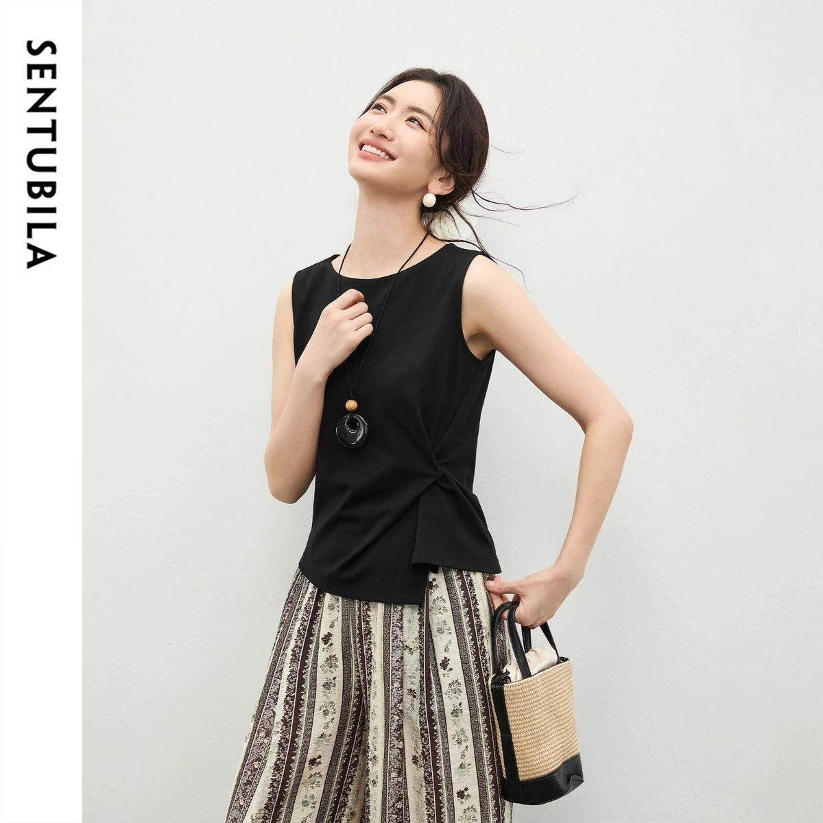 SENTUBILA Women's Summer Tank Tops 2026 Casual Cotton Sleeveless Tee Slim Fit Twist Asymmetrical Hem T-shirts Woman 162TA5638