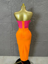 Elegant Orange Pink Strapless Bodycon Midi Dress Women Sexy 3D Floral Applique Outfit Date Night Party Costume