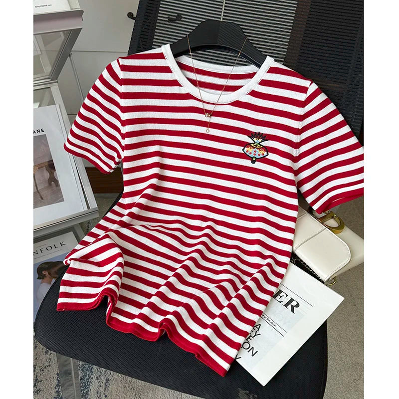 WinvyNee Summer Tops Women's Clothing 100% Cotton Sweaters O Neck Half Sleeve T-Shirt Striped Casual Knitted Pullovers ZA1102001