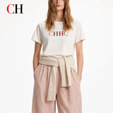 CH Women's White CHHC Letter T-Shirt Crew Neck Short Sleeve Soft Cotton Casual Daily Summer Top