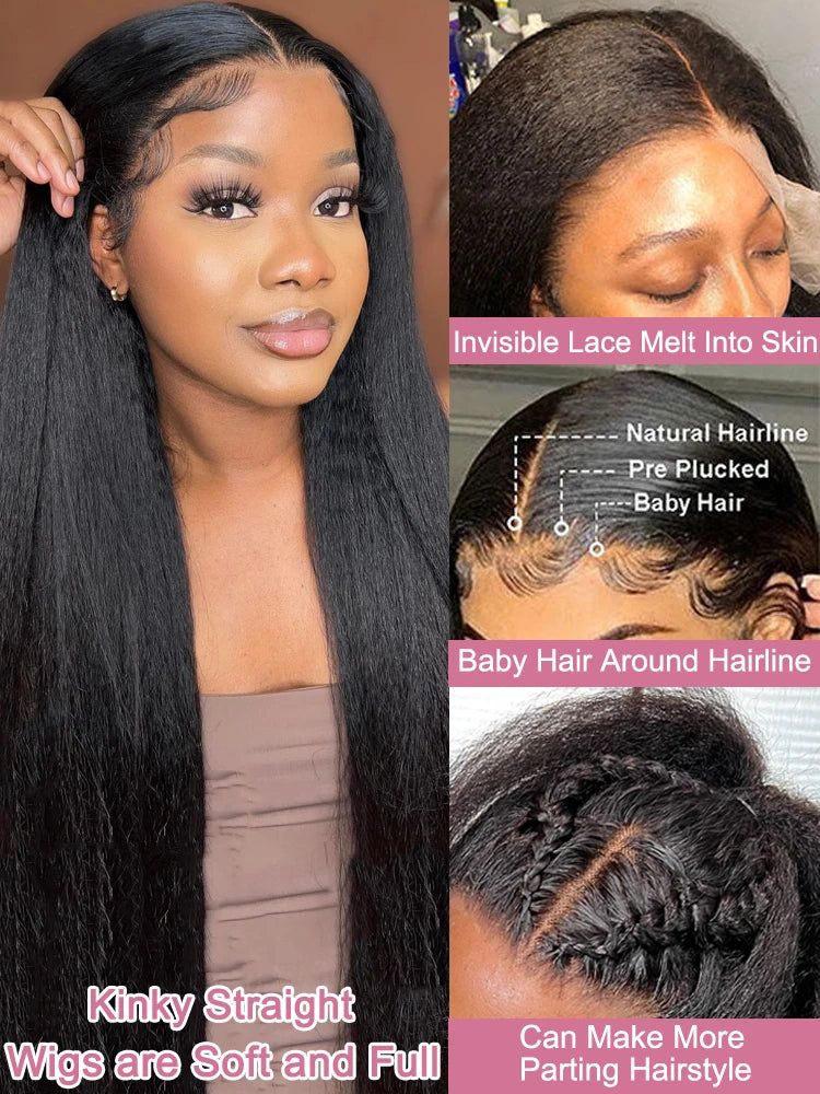 250 Density Kinky Straight 360 Lace Front Wigs Human Hair Brazilian 40 Inch Yaki Straight 13x6 HD Lace Frontal Wig Preplucked