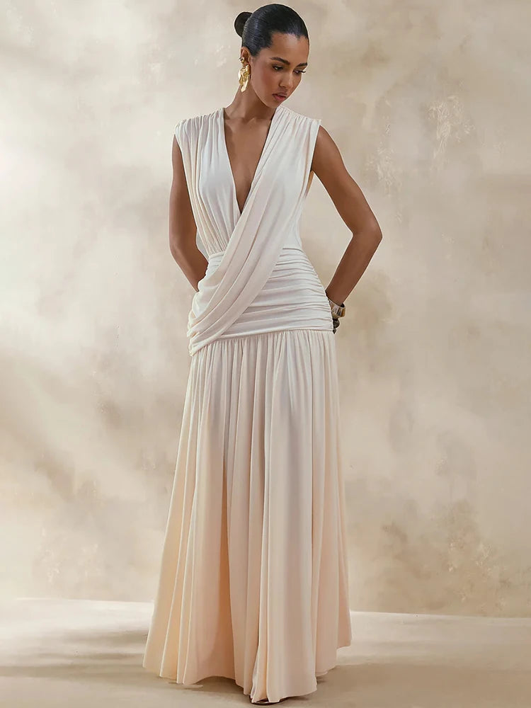 Mozision Elegant Deep V Neck Sexy Maxi Dress Women Fashion Sleeveless Draped Ruched Waist Bodycon Club Party Long Dresses Female