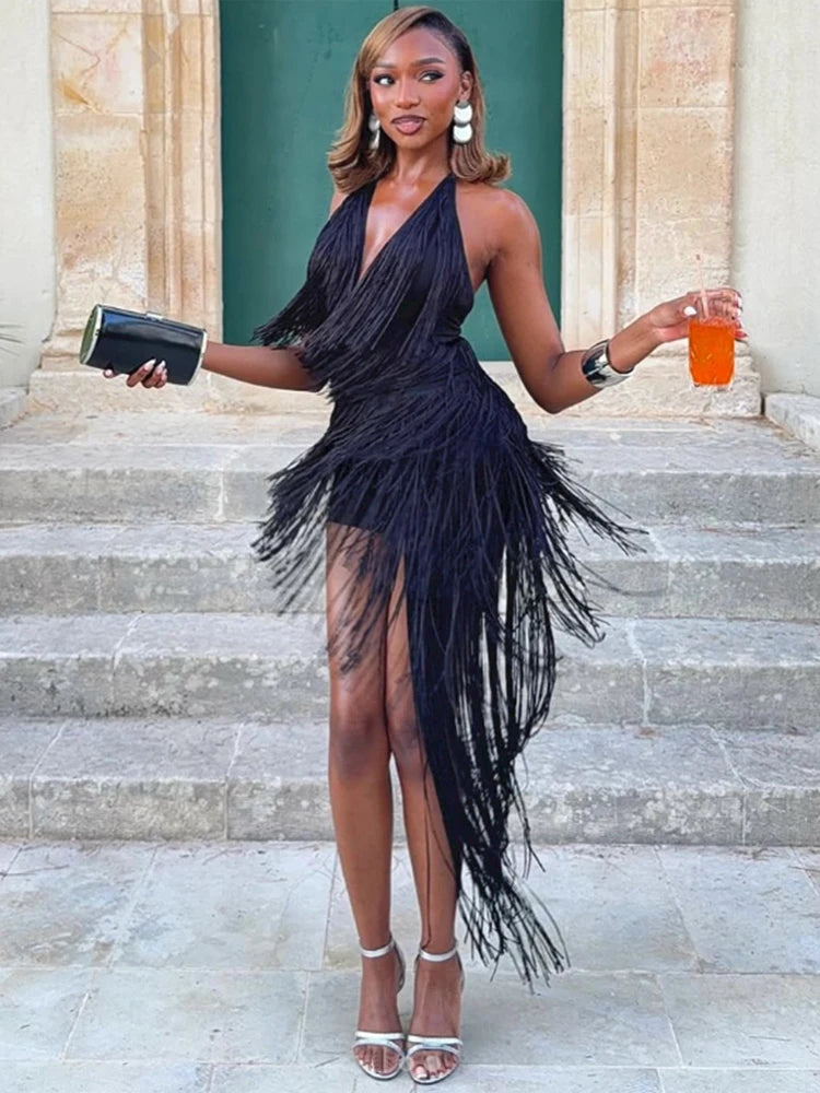 Solid Off Shoulder Fringe Short Dress Women Halter Sexy Backless Layered Tassel Floor-length Dresses Lady Party Evening Gown New