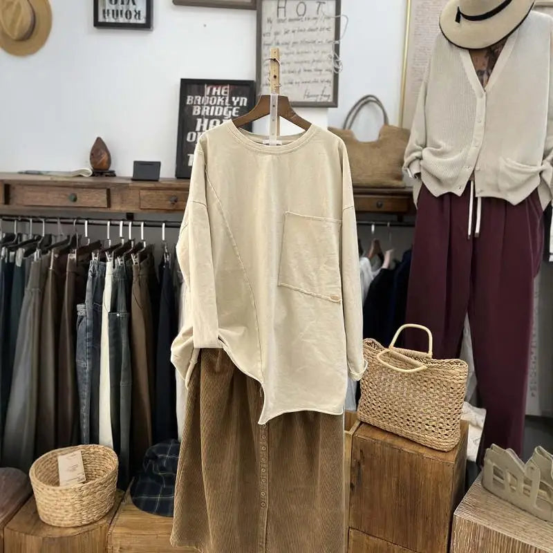 Autumn Women T shirt o neck Long Sleeve Solid Color Irregular Basic Tops Pockets Loose Casual Lady Blouse Female YoYiKamomo