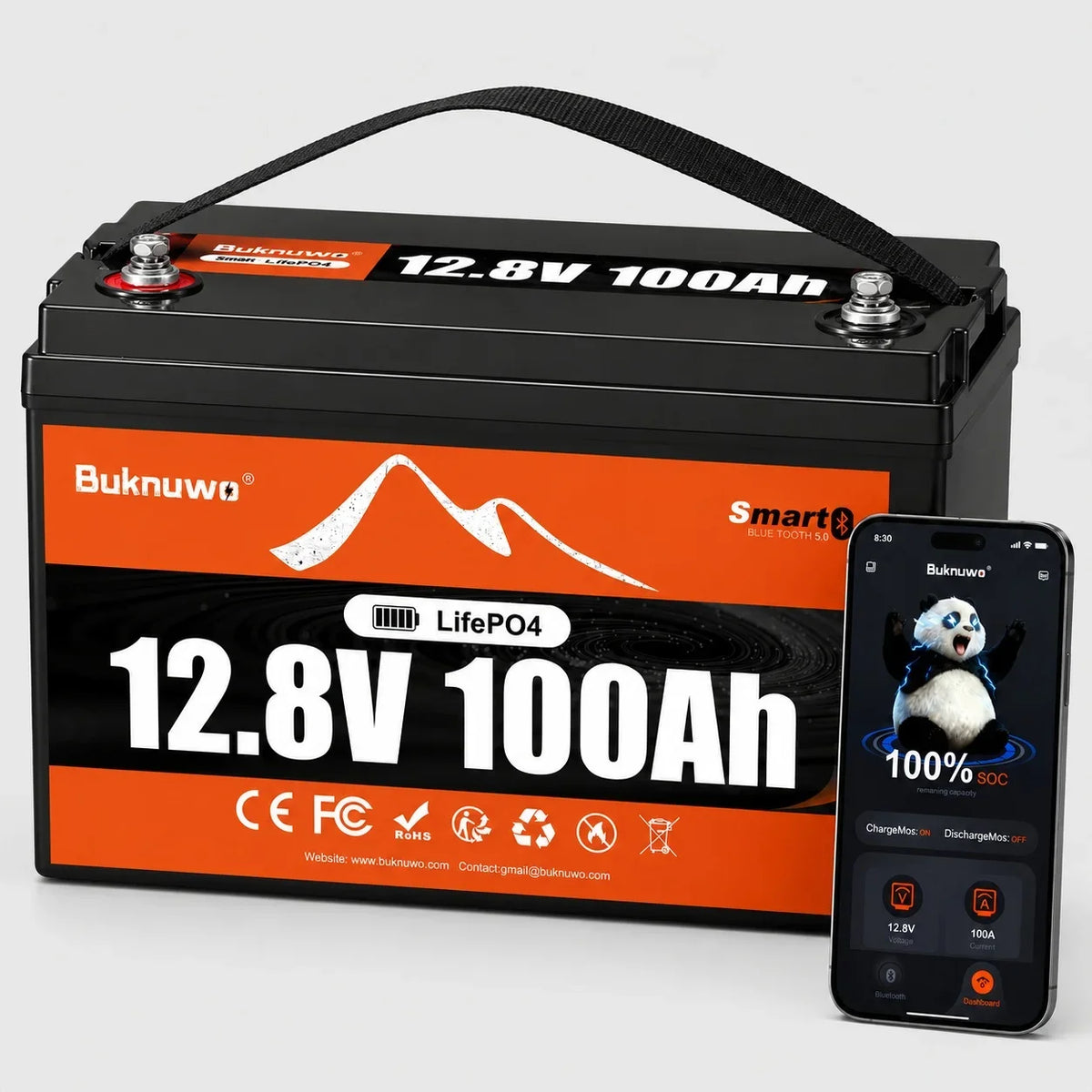 BUKNUWO 12V 100Ah Bluetooth LiFePO4 Lithium Battery, Smart 1280Wh Grade A Cells Battery For RV Boat Solar System