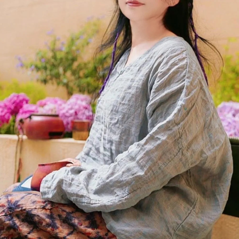 Johnature Women Vintage T-Shirts Striped Tees 2026 Spring New Chinese Style V-Neck Long Sleeve Button Loose Female T-Shirts