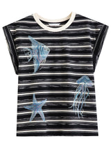 DUSHU Rhinestone Ocean Print Striped Raglan Sleeve T-Shirt 2026 Summer O-neck Leisure Holiday Loose Fit Cozy Print Top BF Chic