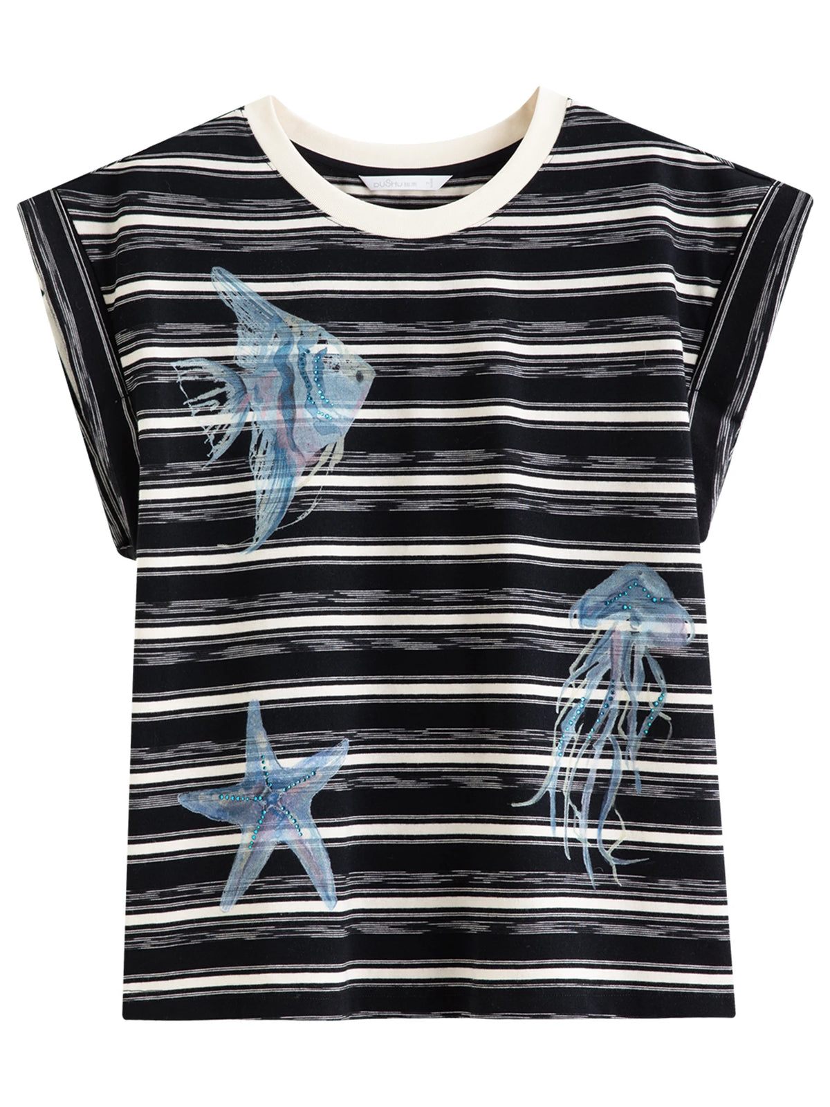 DUSHU Rhinestone Ocean Print Striped Raglan Sleeve T-Shirt 2026 Summer O-neck Leisure Holiday Loose Fit Cozy Print Top BF Chic