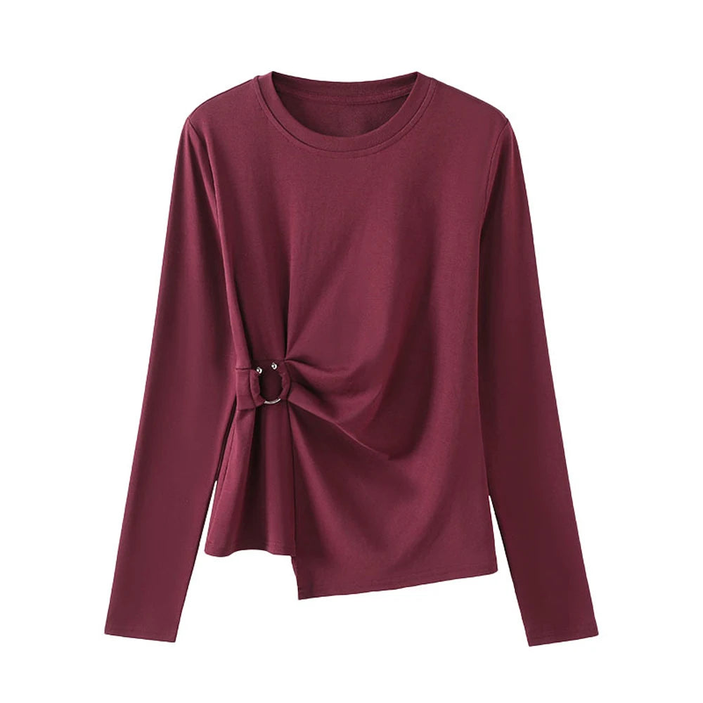 Wine Red Long Sleeved T-Shirt for Women's Autumn New High-End Fashion Cotton Plus Size Asymmetrical Splicing Casual Top