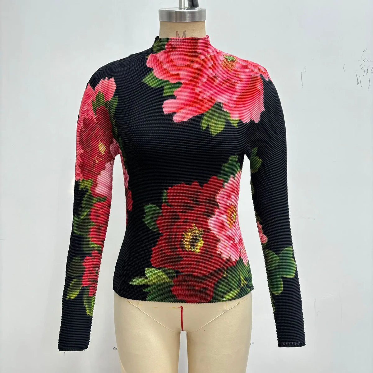 LANMREM 2026 spring New Printed women's pleated Pullover Top high elastic Slim Fit Long Sleeve stand collar T-shirt 2DB667