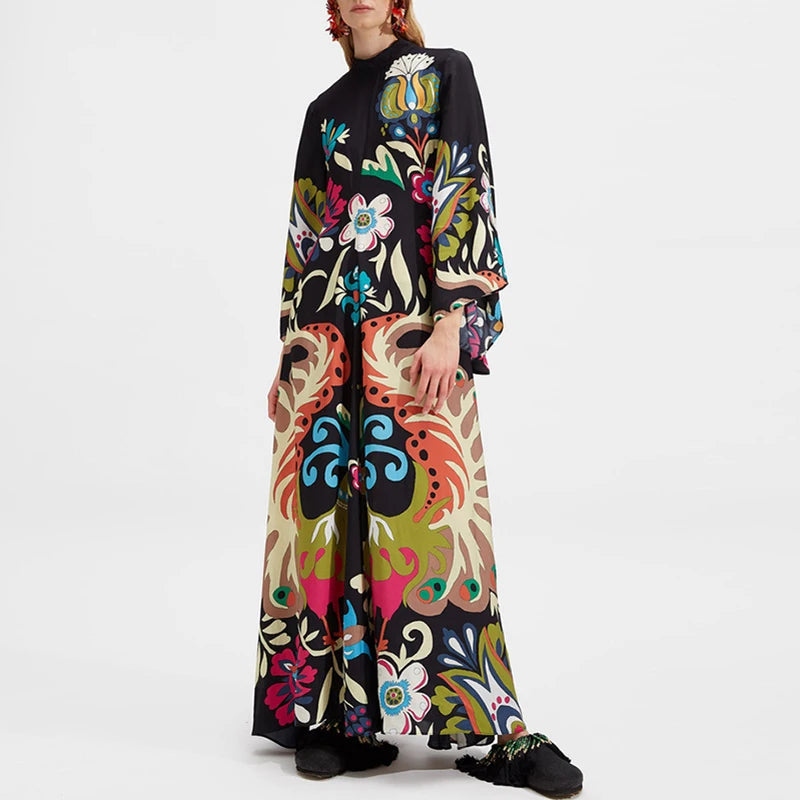Ethnic Retro Spring Print Boho Long Dress Women Sexy Stand Collar Lace-up Party Dress Fall Long Sleeve Loose Ladies Maxi Dresses