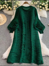Mizhai Nail Beads Hollow Fringed Disc Pleats High-end Loose Round Neck Heavy Industry Lantern Sleeves Long Dress Women's New
