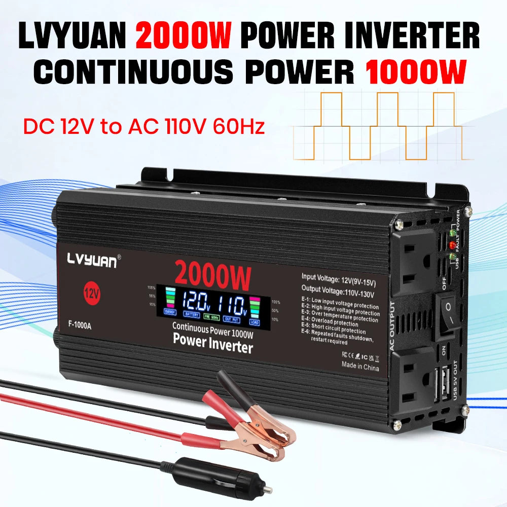 2600W 2000W 1500W Car Inverter 12V 110V Power Inversor Smart LCD Display Power Supply for Outdoor Camera/Phone/Drone Charging