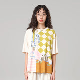 MOVEUP Short Sleeved Round Neck T-Shirt 2026 Summer New Pure Cotton Checkerboard Stripe Pattern Animal Print Tee Women 3ELX10516