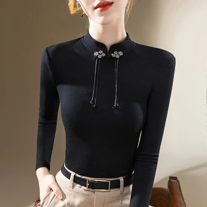 Women's Standing Collar Long Sleeved T-shirt with A Base, Chinese Style, Retro Button Top, New, Autumn and Winter