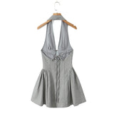 Sexy Women Gray Diamond Dot V Neck Pleated Ruched Halter Dress Backless Slim Low Waist Swing Ball Gown Short Dresses Robe