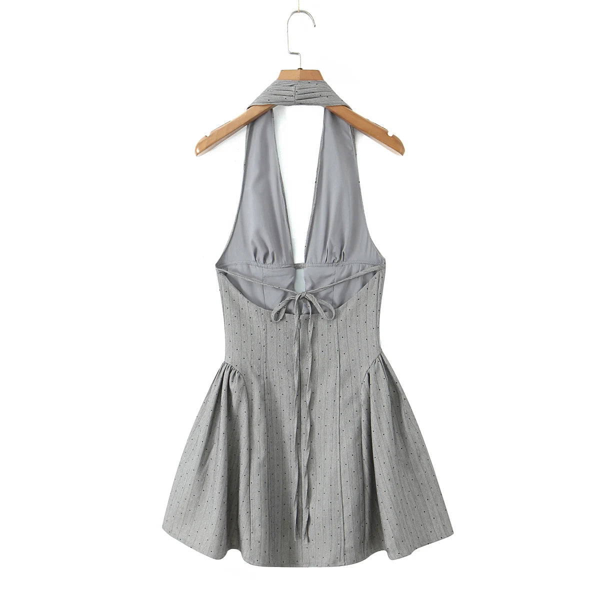 Sexy Women Gray Diamond Dot V Neck Pleated Ruched Halter Dress Backless Slim Low Waist Swing Ball Gown Short Dresses Robe