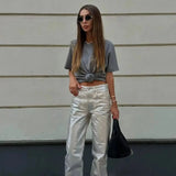Y2k Knotted Twist Tee Women's T-Shirt Summer New Elastic Short Sleeved Solid Color Top Round Neck Pullover Pure Cotton Crop Top