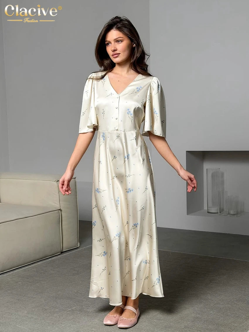 Clacive Summer Loose Print Women's Dress 2026 Sexy V-Neck Short Sleeve Ankle Length Dresses Elegant Classic Female Dress Streetw