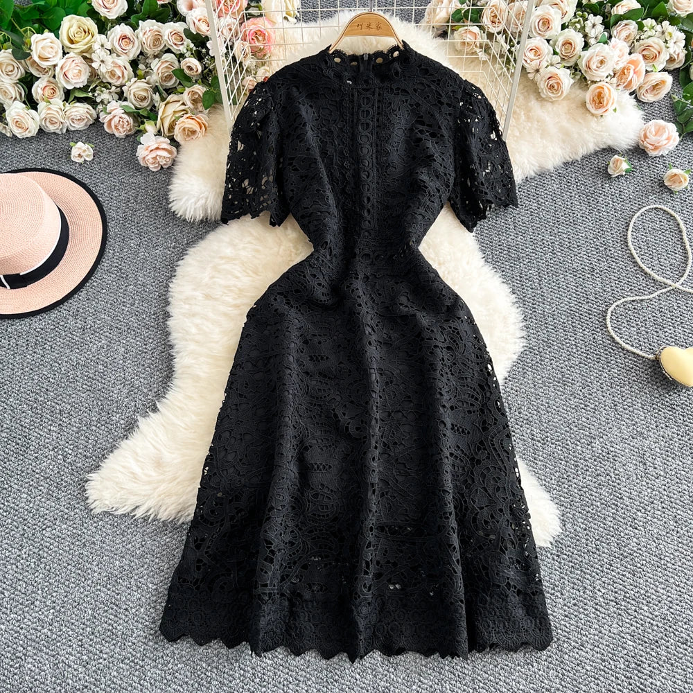 Slimming ort Sve Hollow out Waist-Cinched Hook-Design Dres Women's Faionable New Arrival Spring Summer Korean Sle