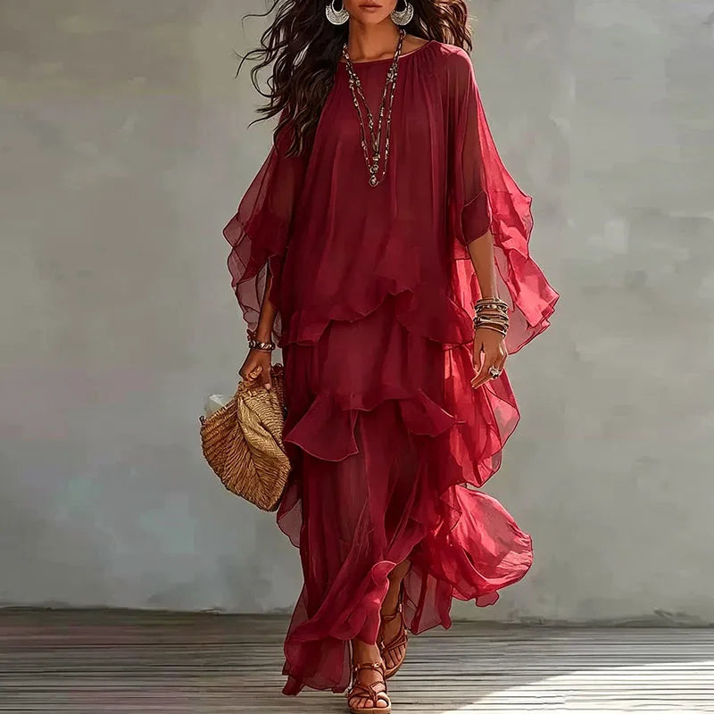 Vintage Solid Tiered Ruffle Mesh Dress Women Crew Neck Loose Batwing Sleeve Sheer Maxi Dress Elegant Holiday Travel Casual Dress