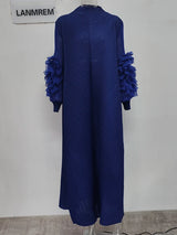 LANMREM Maxi Pleated Dress Round Neck Spliced Fungus Full Sleeve Dresses For Women 2025 New Spring Clothing 2Qa1331