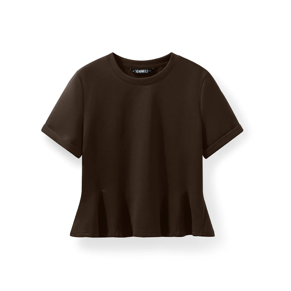 XIAOGULI Women Solid Brown Short Sleeve Cotton T-Shirt 2026 Summer New Ruffle Hem Soft Breathable Versatile Chic Daily Wear Tops
