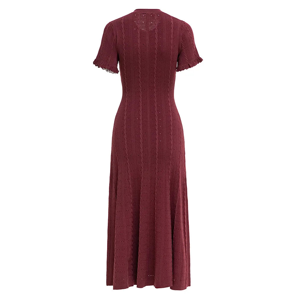 Summer Elegant Lady Knitted Single Breasted Long Dresses Women Solid Short Sleeve O Neck Button Bodycon Party Female Vestidos