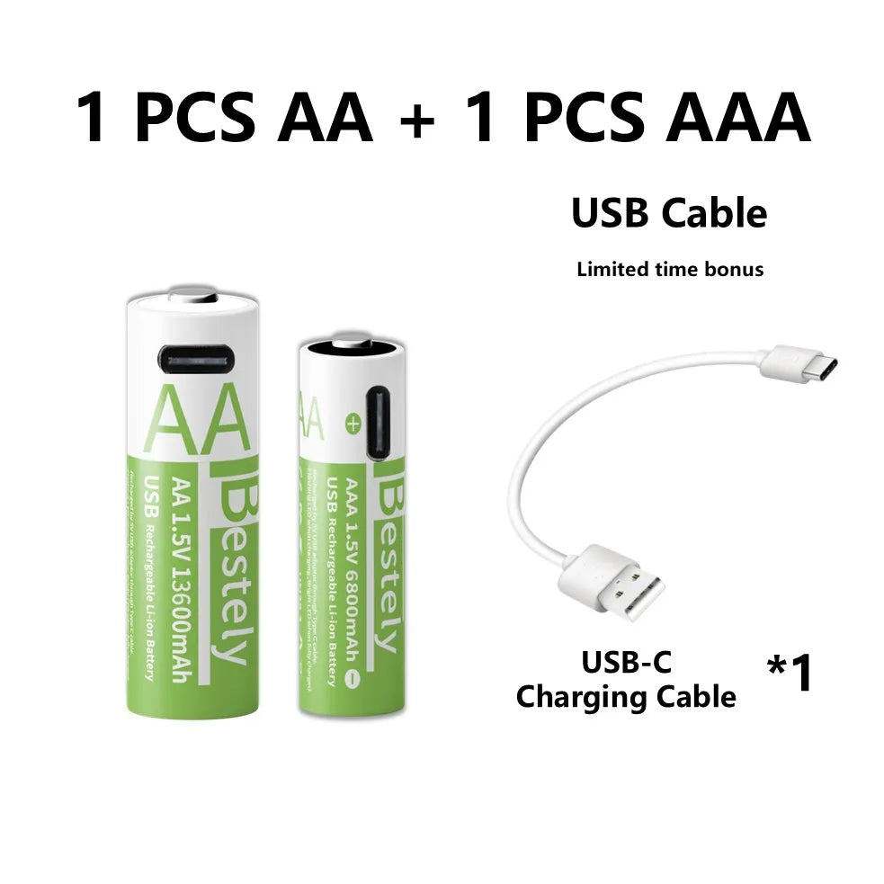 1.5V AA/AAA Li-ion Batteries 13600+6800mAh Ultra-Fast Charge 2000+ Cycles W/ Free USB-C Cable for Toys, Remote Controls, Cameras