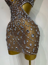 Sexy Sparkly Diamond Backless Short Dress 2025 Women Sleeveless Mesh See Through Evening Birthday Gown Singer Stage Outfit