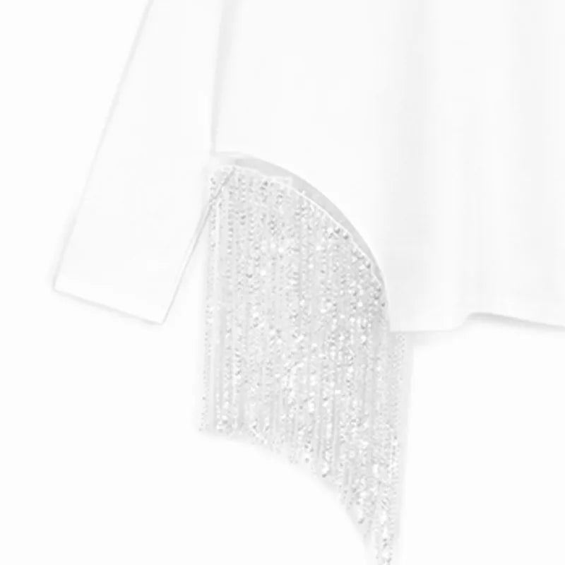 [EWQ] Korean Style Unique Design Beaded Tassel T-Shirt Long Sleeve Beautiful Pullover All Match T Shirt For Women Autumn New