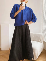Miyake Pleated Drape V-neck Loose Bat Tops Women Summer High Fashion New Korean Style Designer Classical Causal T-shirt