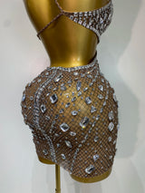 Sexy Sparkly Diamond Backless Short Dress 2025 Women Sleeveless Mesh See Through Evening Birthday Gown Singer Stage Outfit