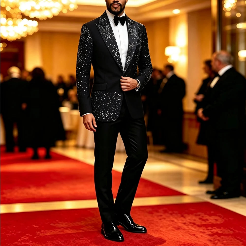 Men Sparkling Rhinestone Tuxedo Suit 3‑Pcs Set Blazer+Pants+Bow Tie Slim Fit Black Crystals Beading Wedding Groom Prom Party Stage Performance Formal Costume Homme