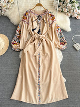 Retro Ethnic Sle Long Sve Embroidered round Ne A-Line Cotton Linen Dr Slimming Waist Cinched Ele Long Dr