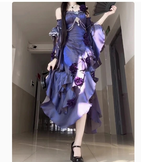 Red Rose Lolita Slimming Long Asymmetrical Fishtail Dress Lolita Halloween Muse Sexy Cos Suspender Dresses and Sleeves