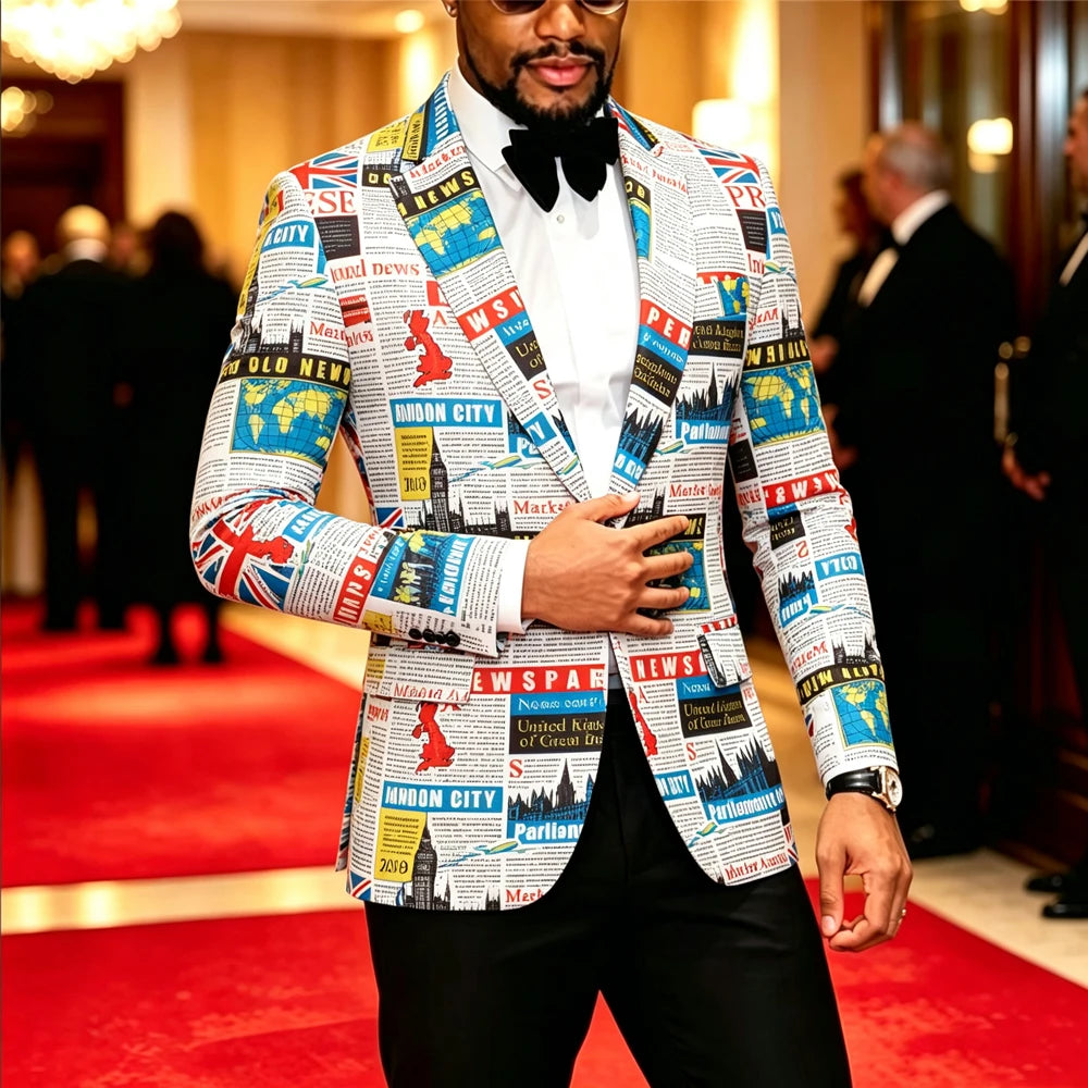 Men Newspaper World Map Printed Blazer Black Peak Lapel Slim Fit Jacket Wedding Groom Tuxedo For Party Prom
