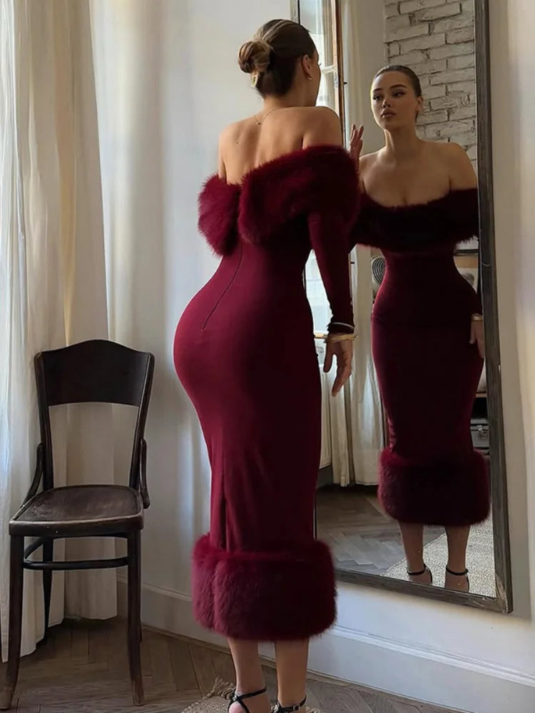 Women Strapless Faux Fur Patchwork Dress Sexy Off-shoulder Full Sleeve Cinched-waist Bodycon Dresses Lady Party Evening Gowns