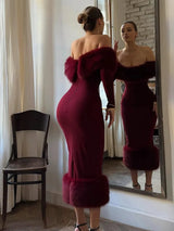 Women Strapless Faux Fur Patchwork Dress Sexy Off-shoulder Full Sleeve Cinched-waist Bodycon Dresses Lady Party Evening Gowns