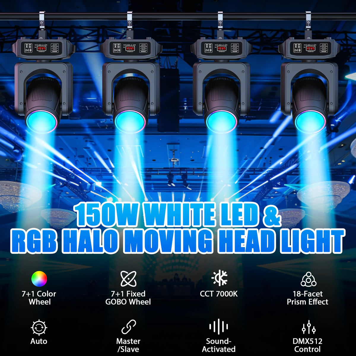 U'King 4Pcs 150W White LED Moving Head Light With RGB Strip 8Color&Gobo Wheel 18Prism DJ Light DMX512 For Wedding Party KTV Bar