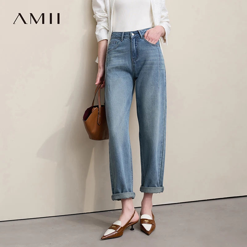 Amii Straight-leg Pants 2026 Autumn New Solid Color Casual Washed Denim Trousers Versatile Basic Cotton Women's Pants 12621040