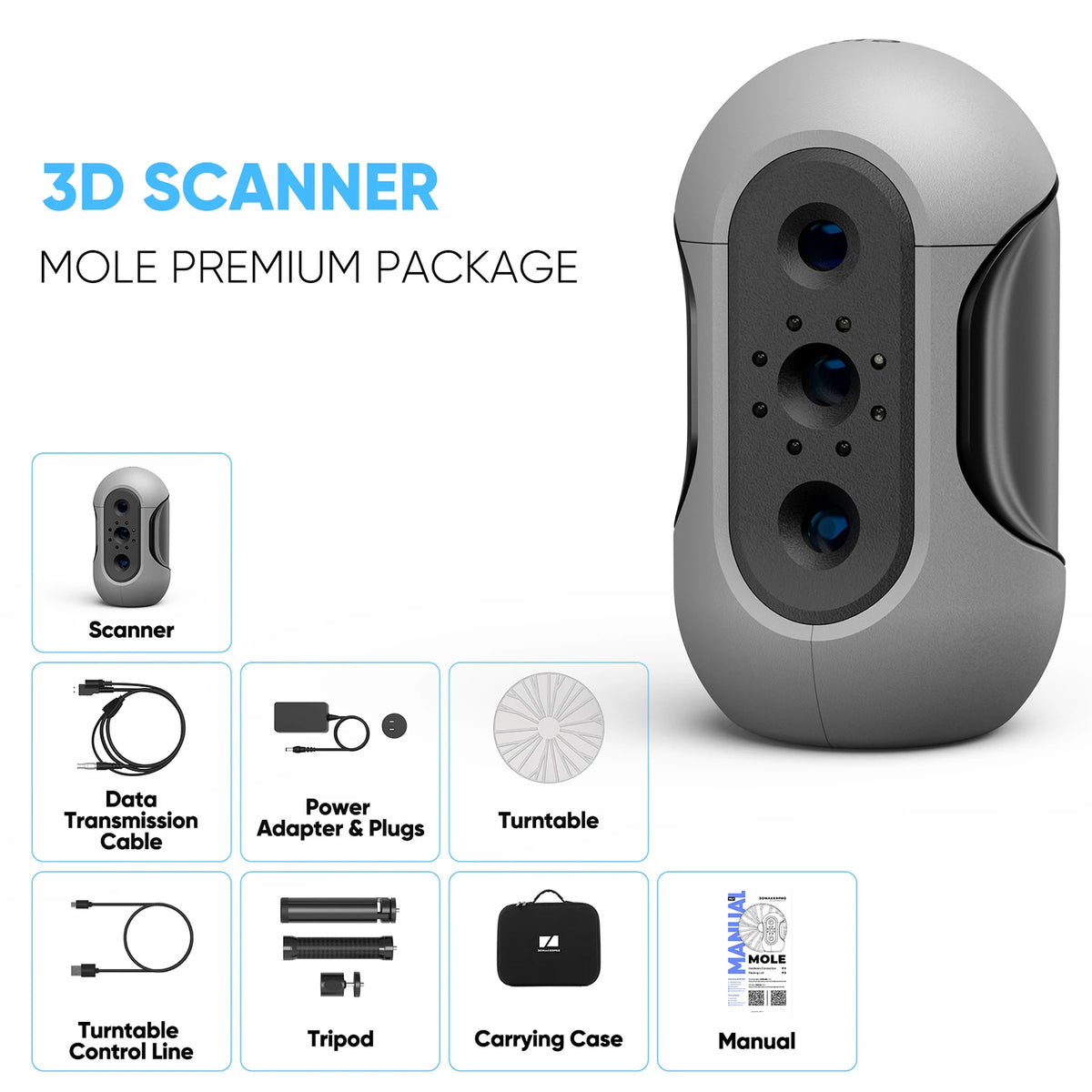 3DMakerpro Mole Premium Handheld 3D Scanner for 3D Printer 0.05mm Accuracy & 0.1mm Resolution 10FPS Scanning Black Objects